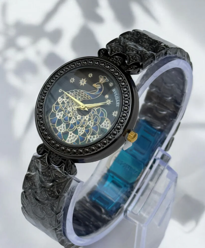 Bvlgari Ladies Watch – Stainless Steel with Peacock Engraved Dial